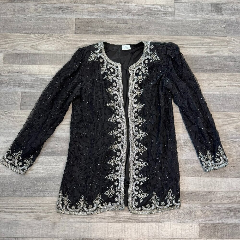 Black 100% silk beaded formal jacket silver beading lined size small K11